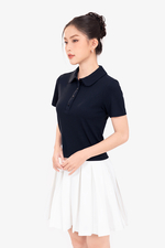 Áo thun gân cotton cổ sen màu xanh đen