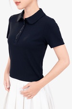 Áo thun gân cotton cổ sen màu xanh đen