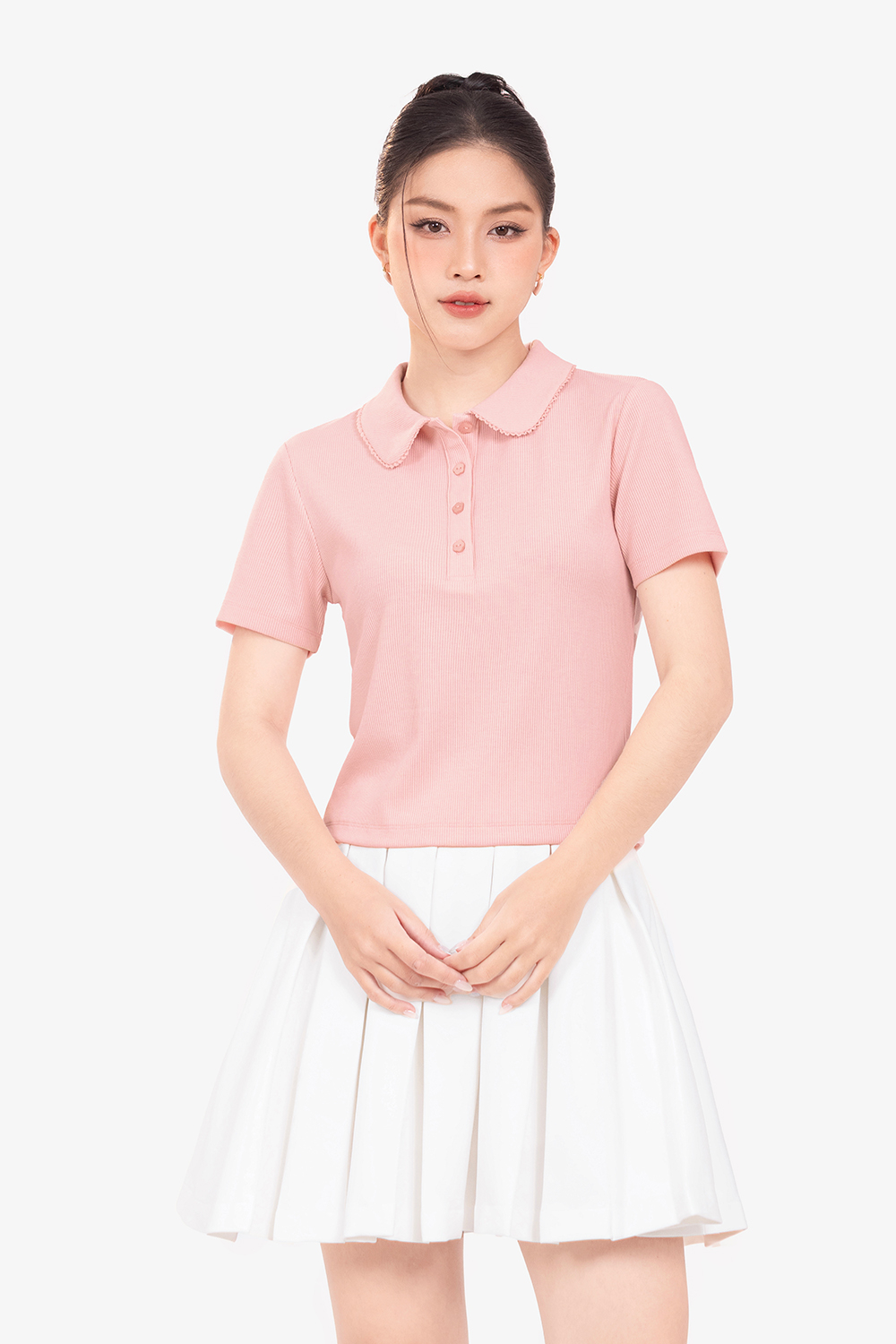 Áo thun gân cotton màu hồng cổ sen