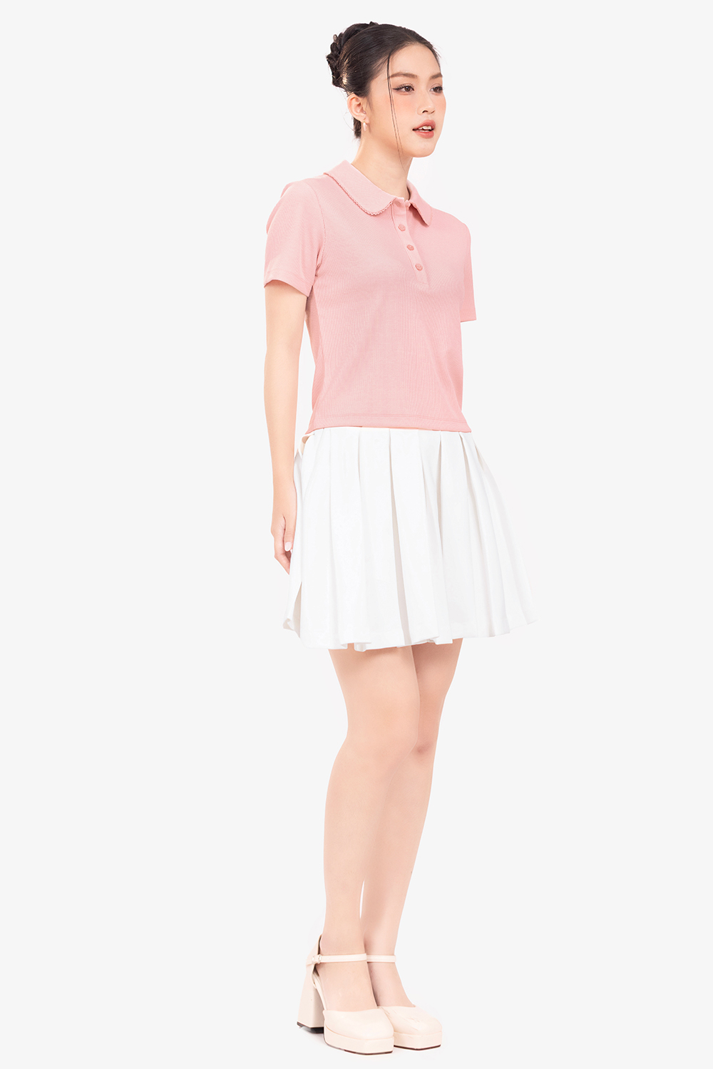 Áo thun gân cotton màu hồng cổ sen