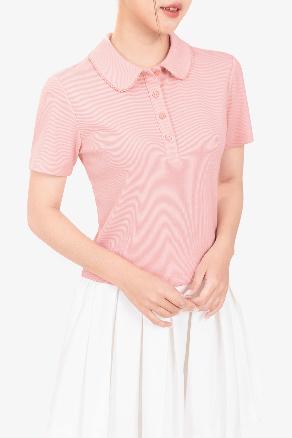 Áo thun gân cotton màu hồng cổ sen