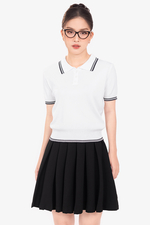 Áo len dệt kim trắng cổ polo viền đen