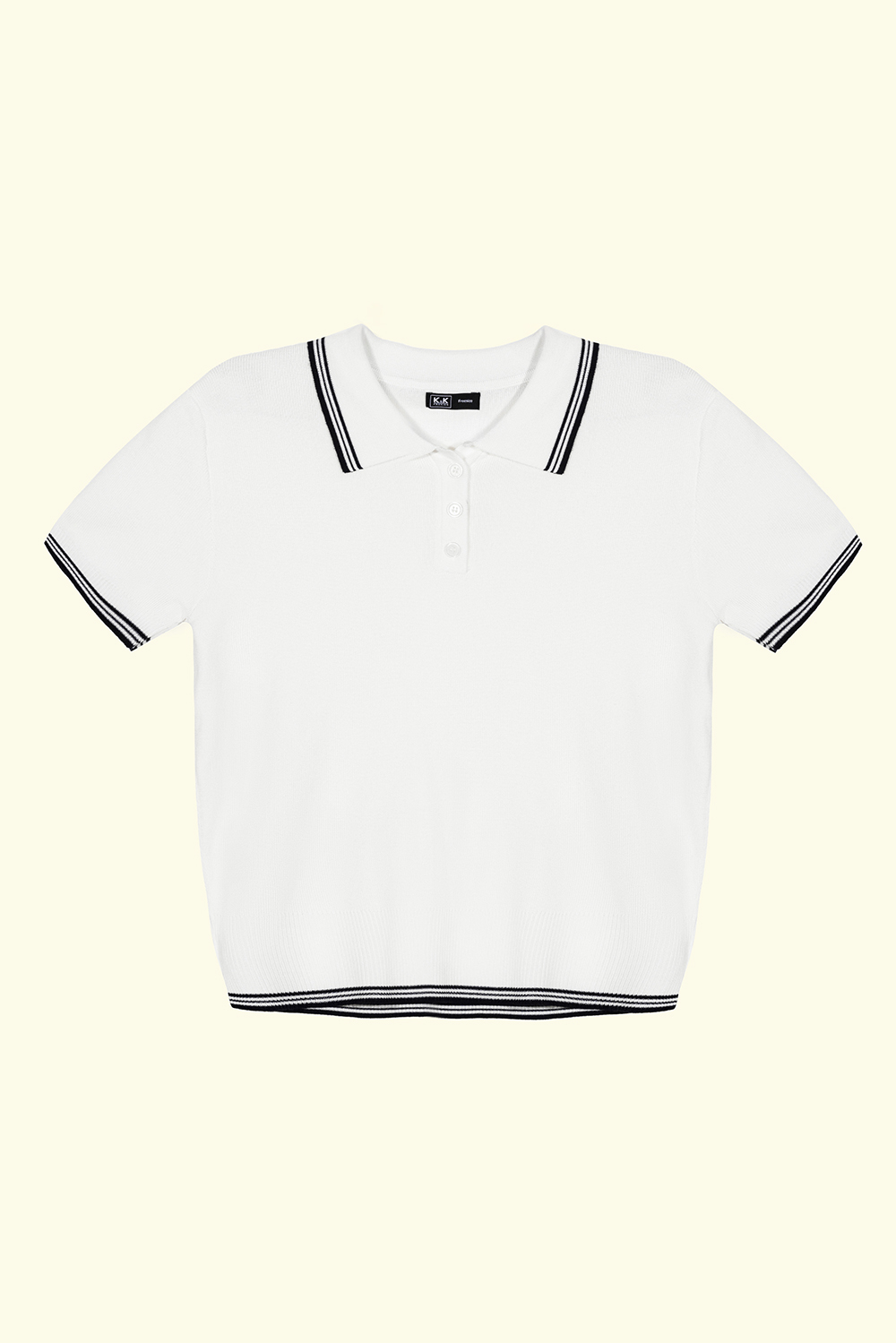 Áo len dệt kim trắng cổ polo viền đen