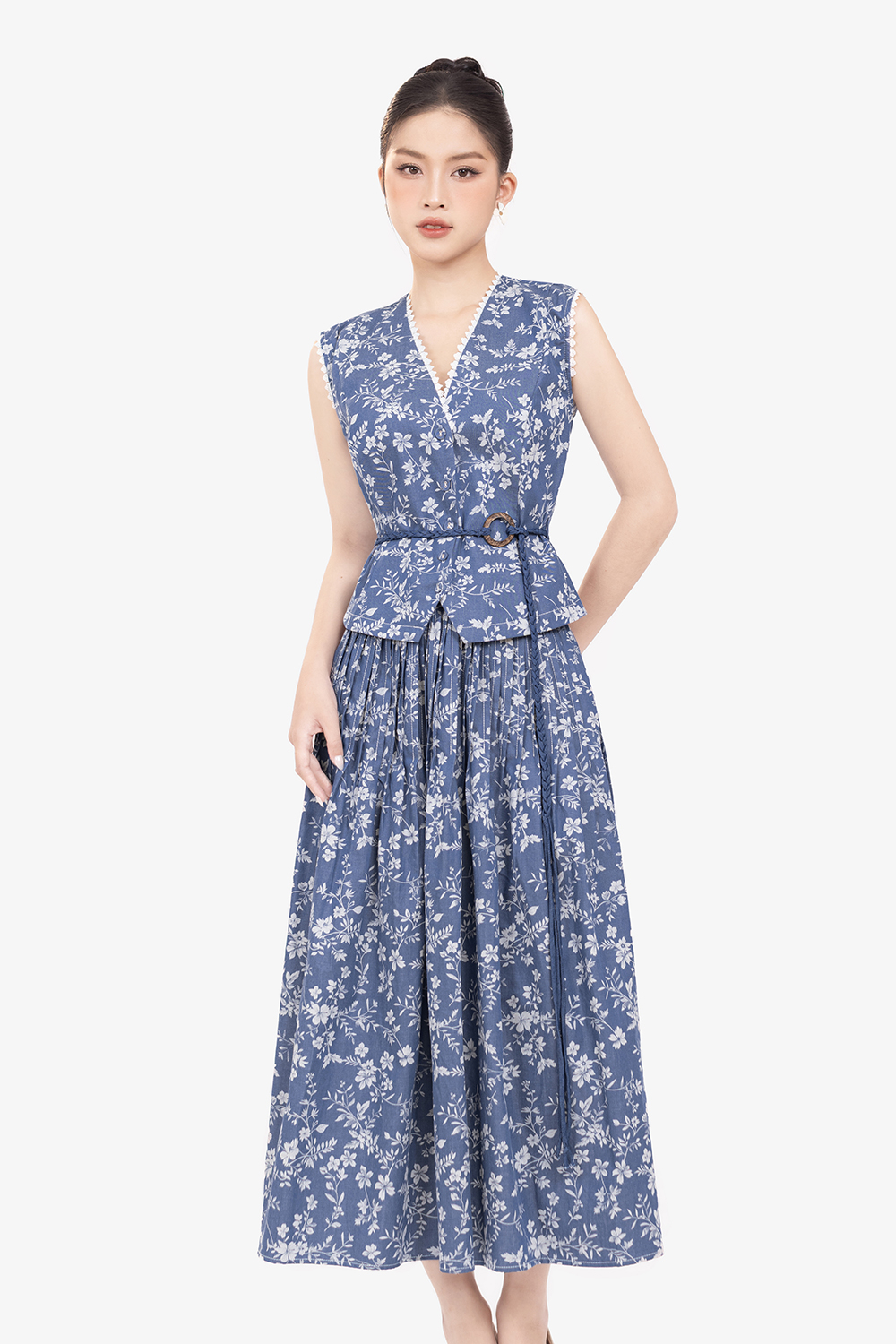 Áo kiểu nữ hoa cổ V phối dây đai