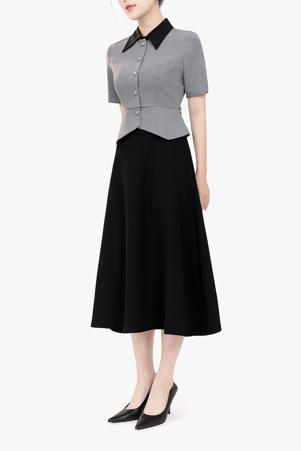 Chân váy midi công sở màu đen dáng xòe