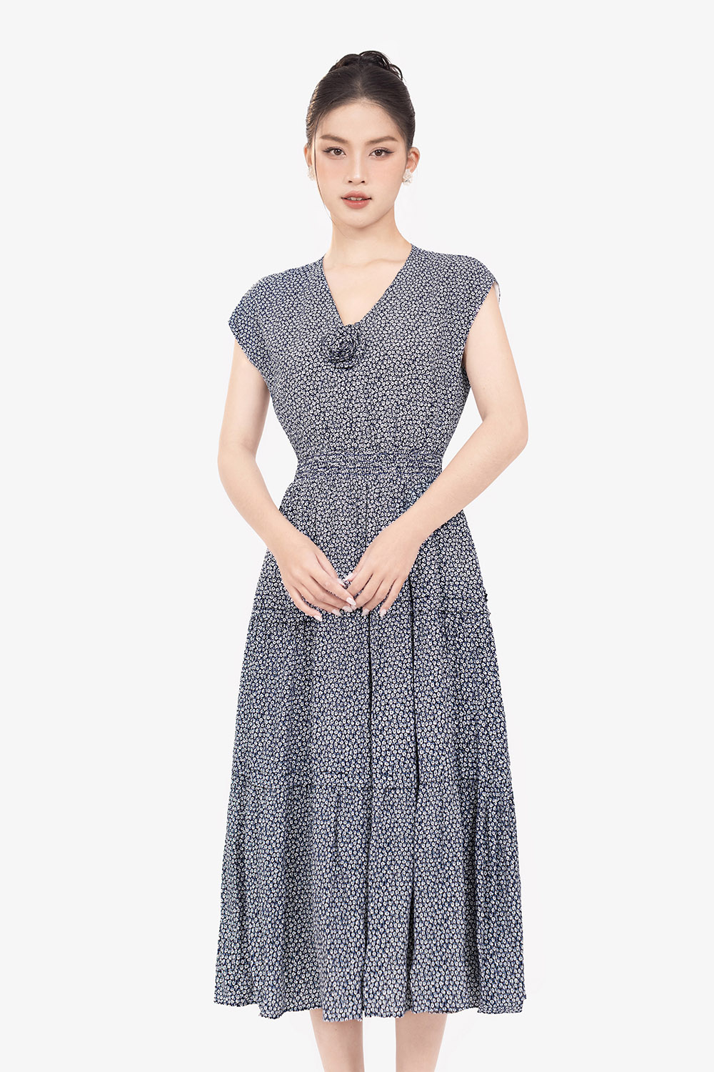 Đầm hoa nhí dáng xòe dài eo bo chun