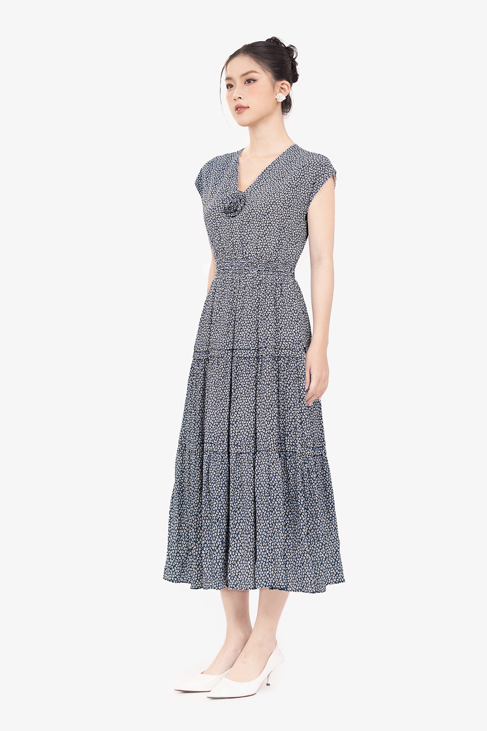 Đầm hoa nhí dáng xòe dài eo bo chun