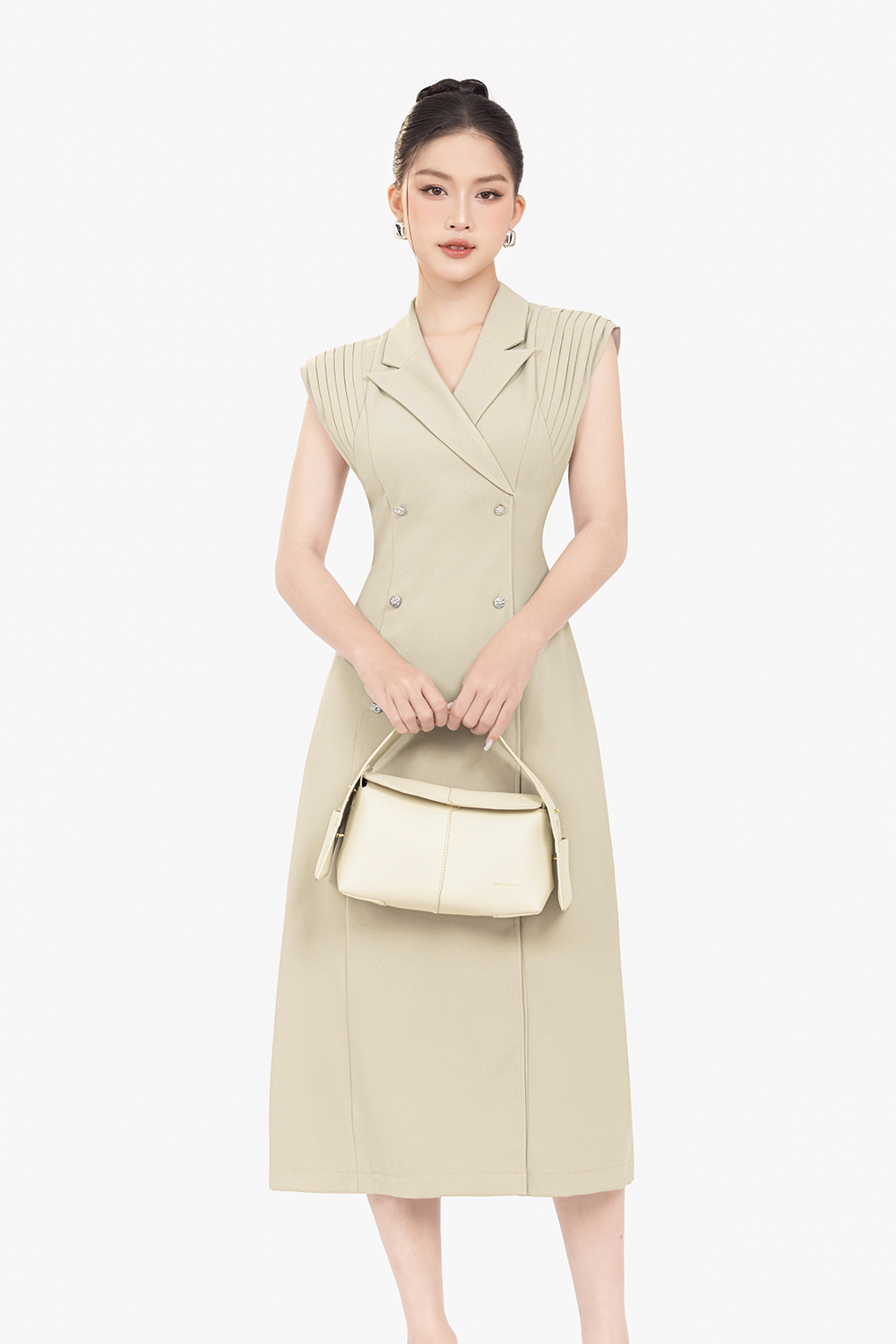 Đầm công sở cổ đan tông tay chờm