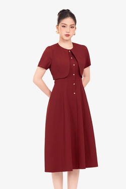 Đầm xòe đỏ cổ tròn phối áo khoác