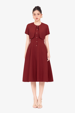 Đầm xòe đỏ cổ tròn phối áo khoác
