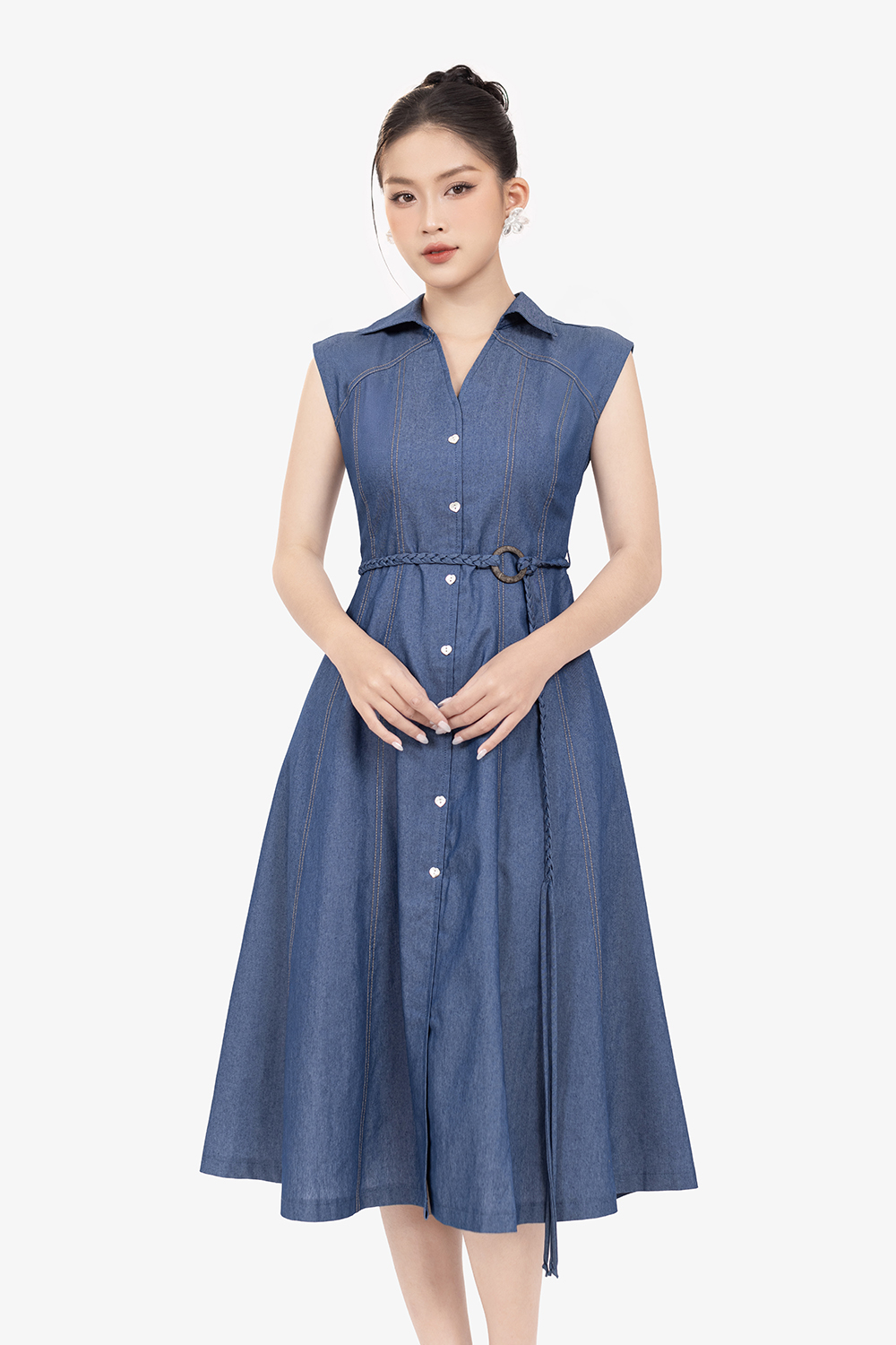 Đầm denim xanh cổ sơ mi dáng chữ A dài