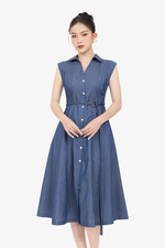 Đầm denim xanh cổ sơ mi dáng chữ A dài