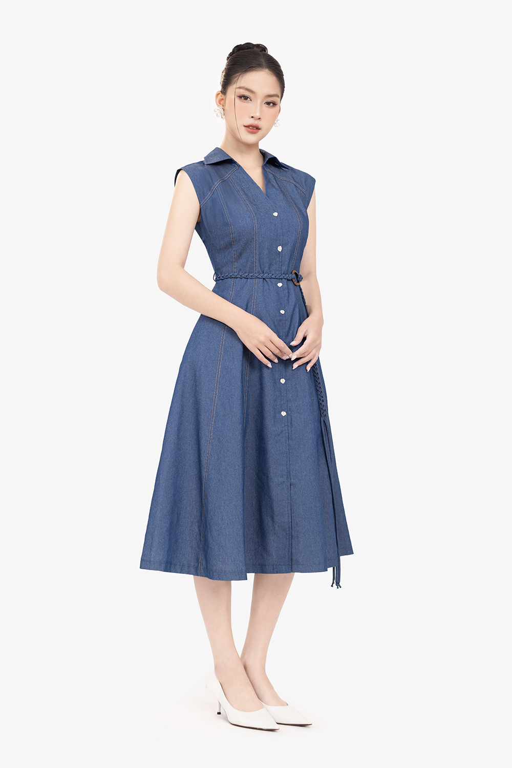 Đầm denim xanh cổ sơ mi dáng chữ A dài