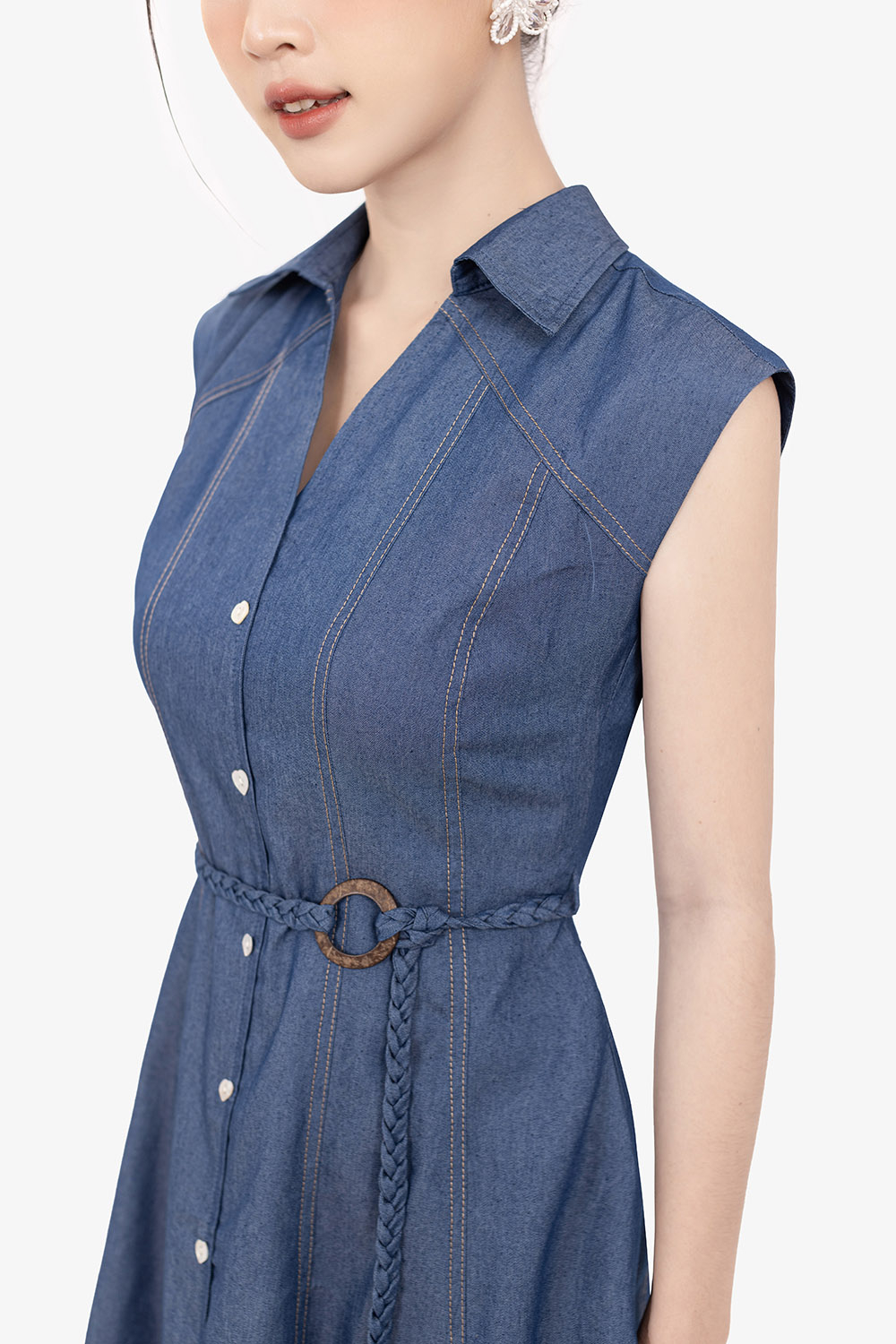 Đầm denim xanh cổ sơ mi dáng chữ A dài