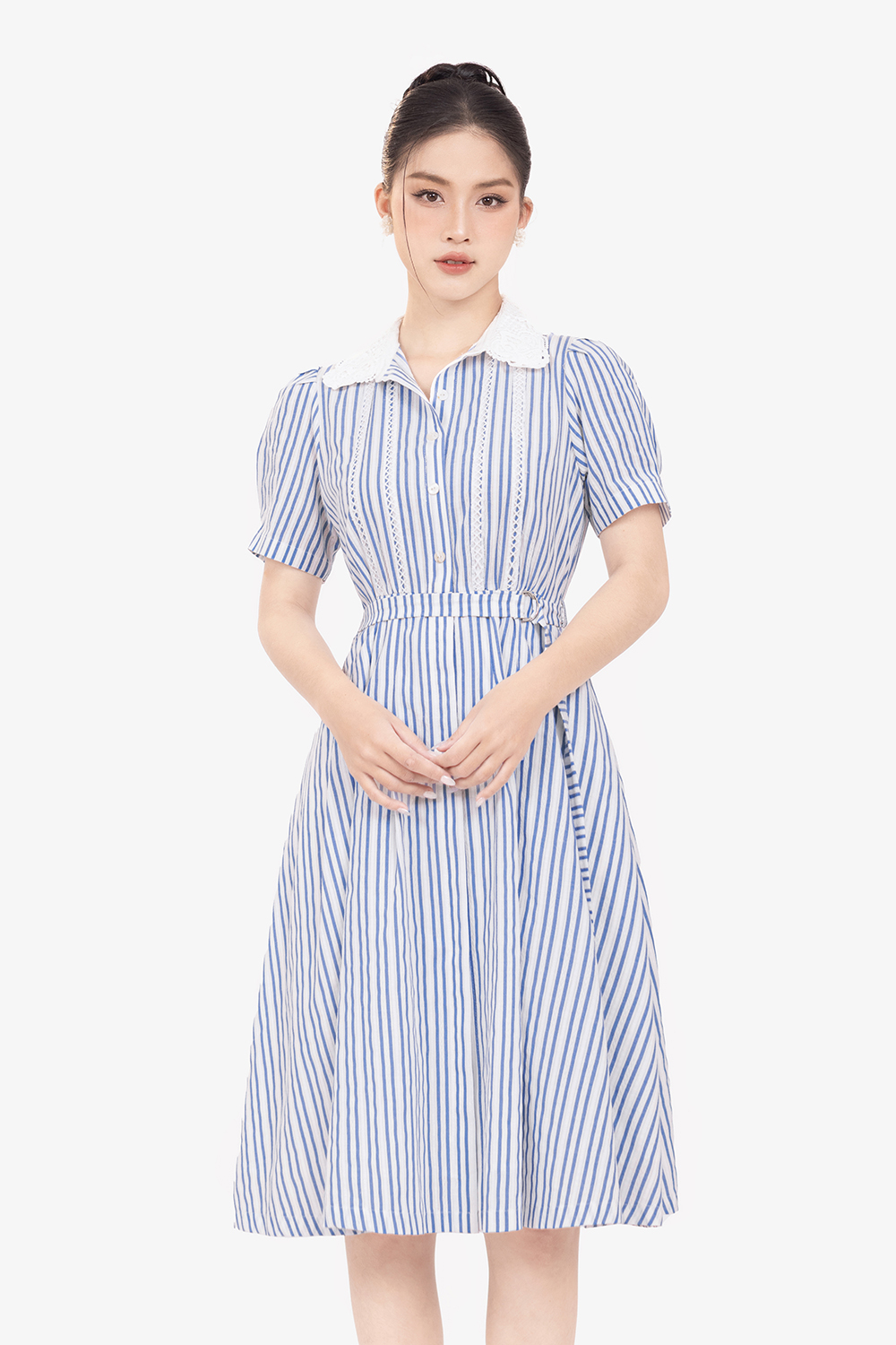 Đầm xòe sơ mi cổ trắng kẻ sọc xanh