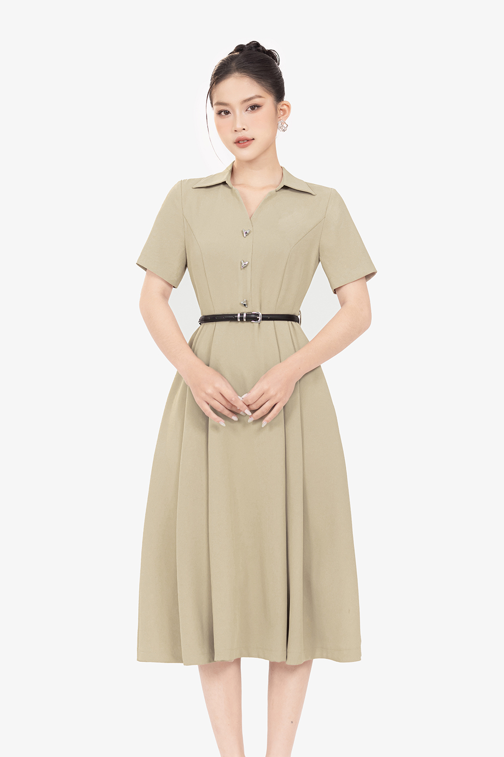 Đầm công sở cổ sơ mi dáng xòe phối nút