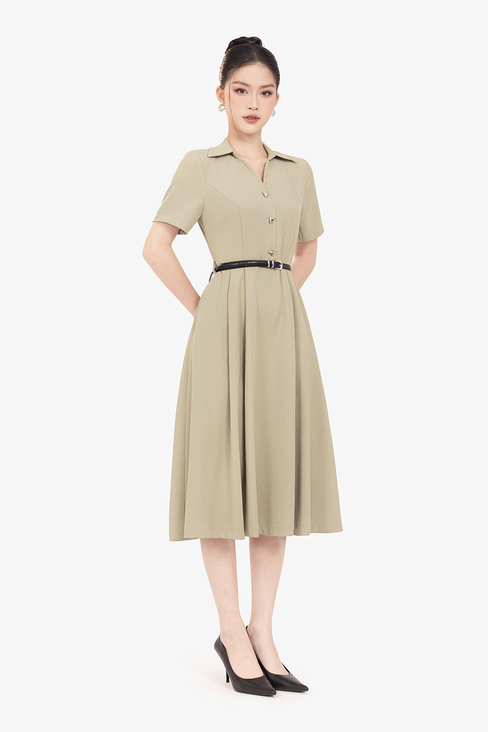 Đầm công sở cổ sơ mi dáng xòe phối nút