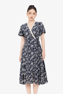 Đầm hoa dáng xòe cổ V viền đăng ten