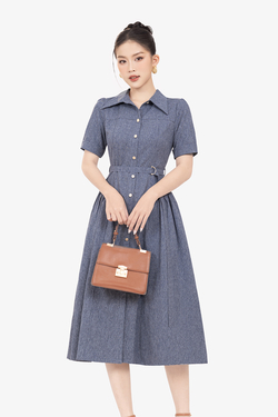 Đầm xòe sơ mi công sở kèm đai eo