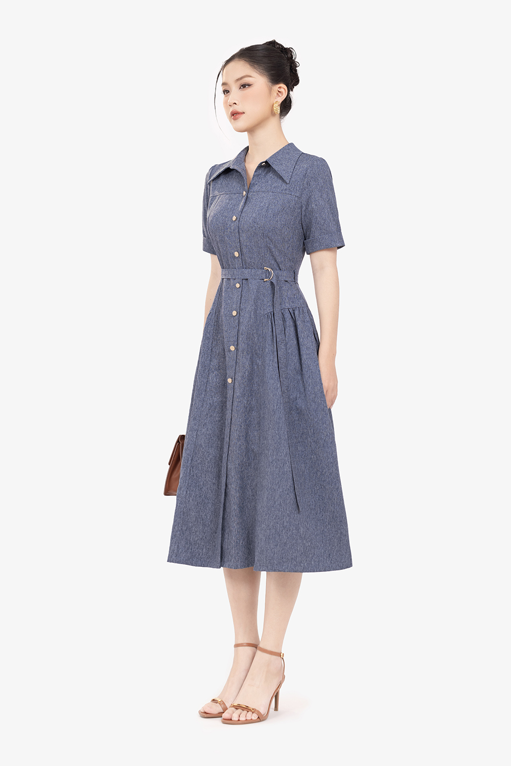 Đầm xòe sơ mi công sở kèm đai eo