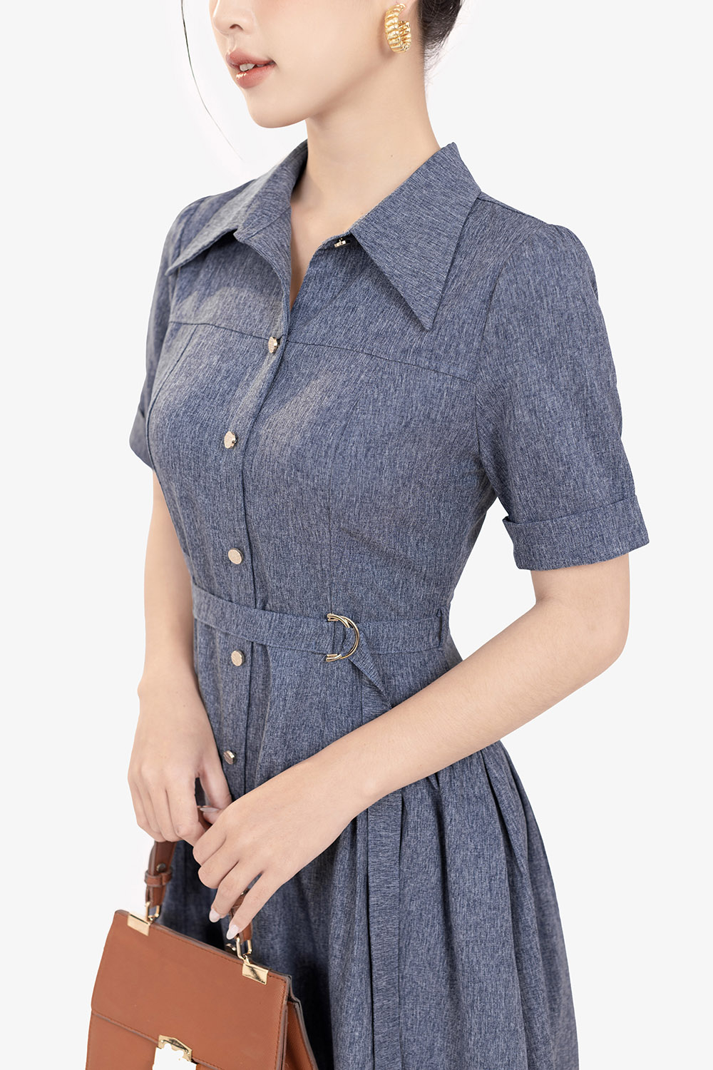 Đầm xòe sơ mi công sở kèm đai eo