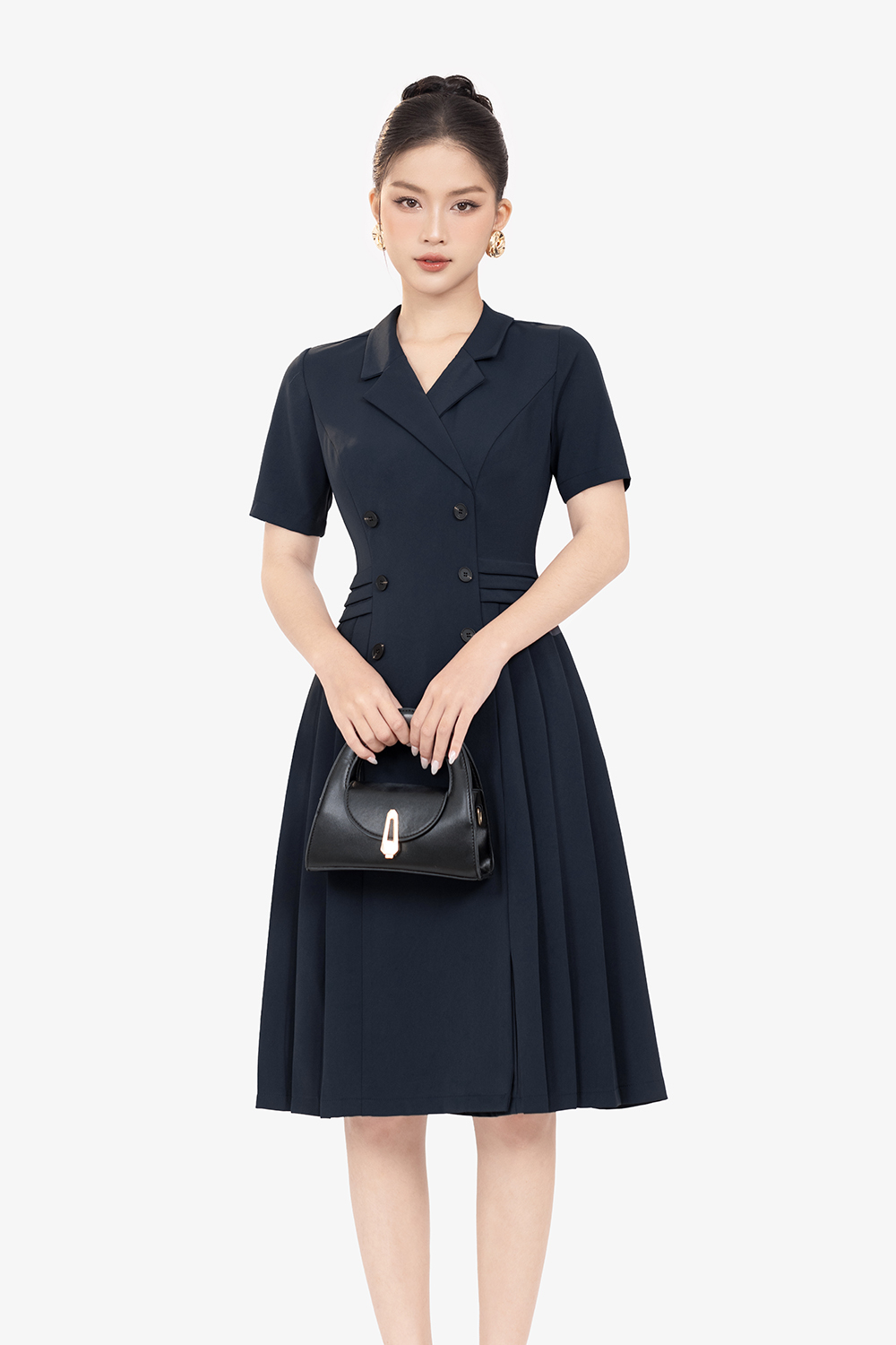 Đầm công sở dáng xòe màu xanh đen phối nút
