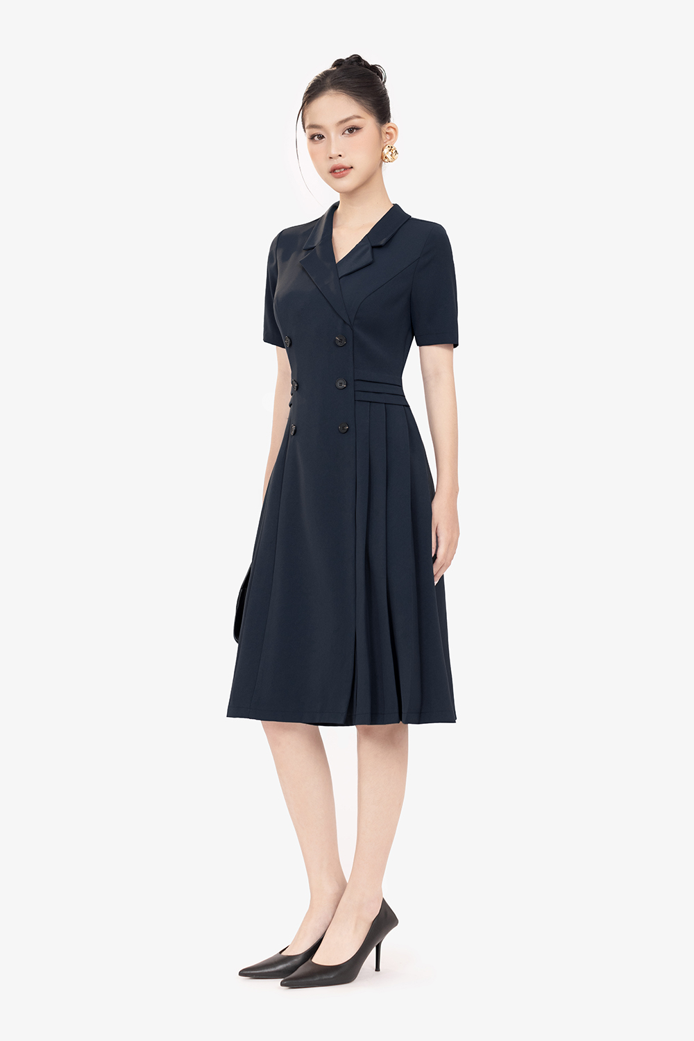 Đầm công sở dáng xòe màu xanh đen phối nút
