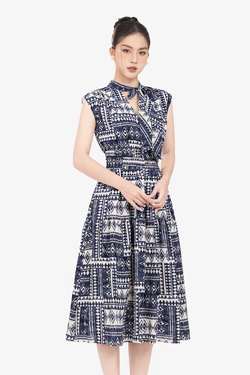 Đầm xòe họa tiết cổ phối nơ