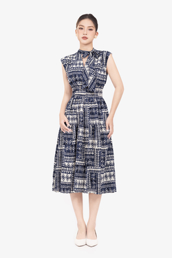 Đầm xòe họa tiết cổ phối nơ