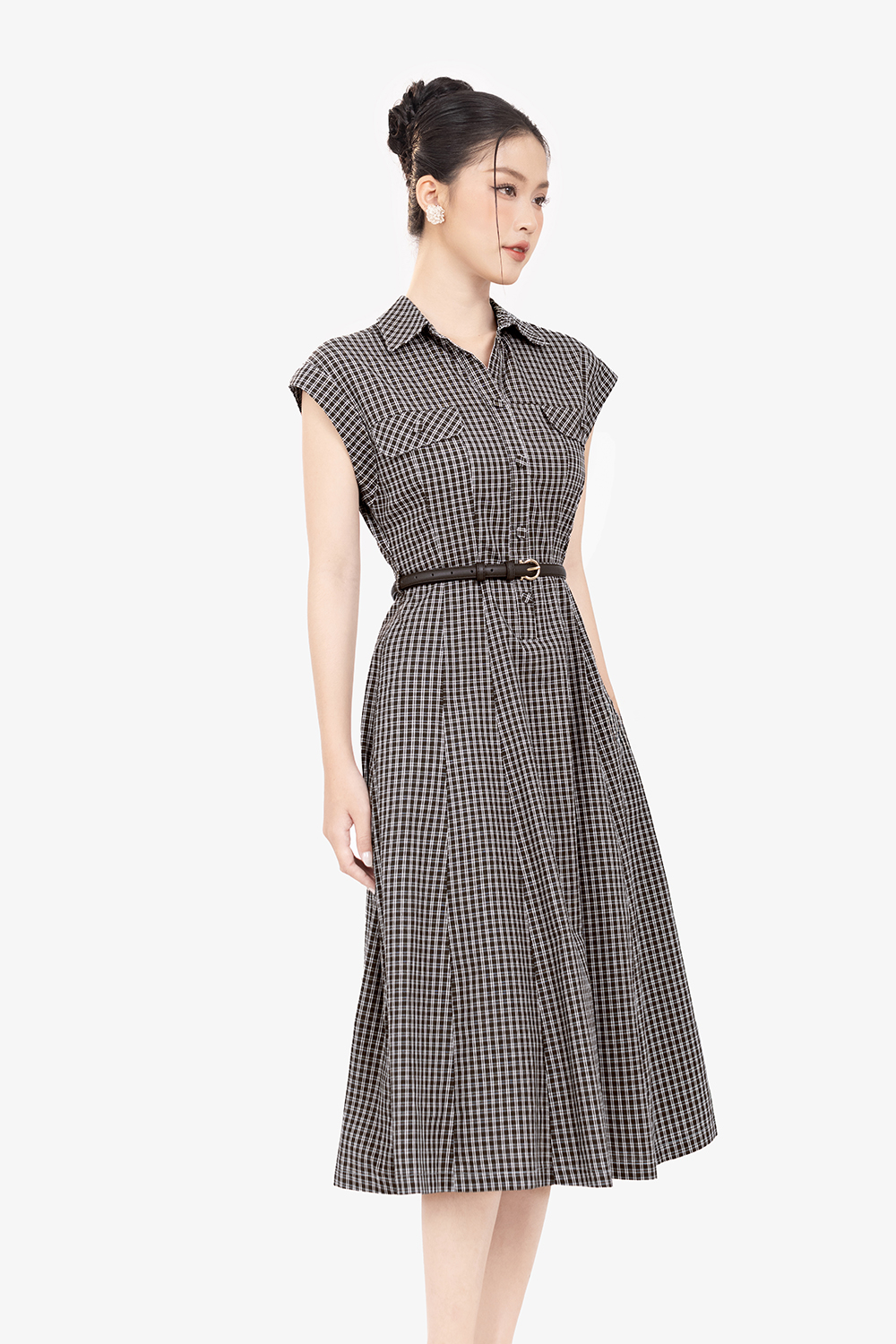 Đầm sơ mi caro nhỏ dáng chữ A