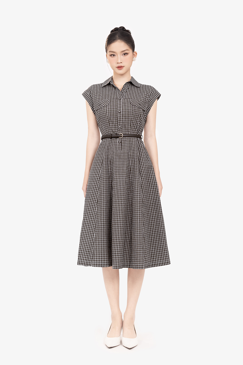 Đầm sơ mi caro nhỏ dáng chữ A