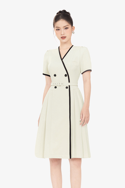 Đầm công sở giả wrap cổ V viền đen