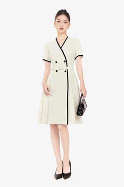 Đầm công sở giả wrap cổ V viền đen