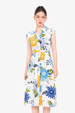 Đầm chữ A hoa to phối thắt lưng