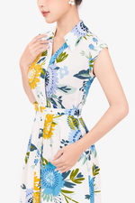 Đầm chữ A hoa to phối thắt lưng