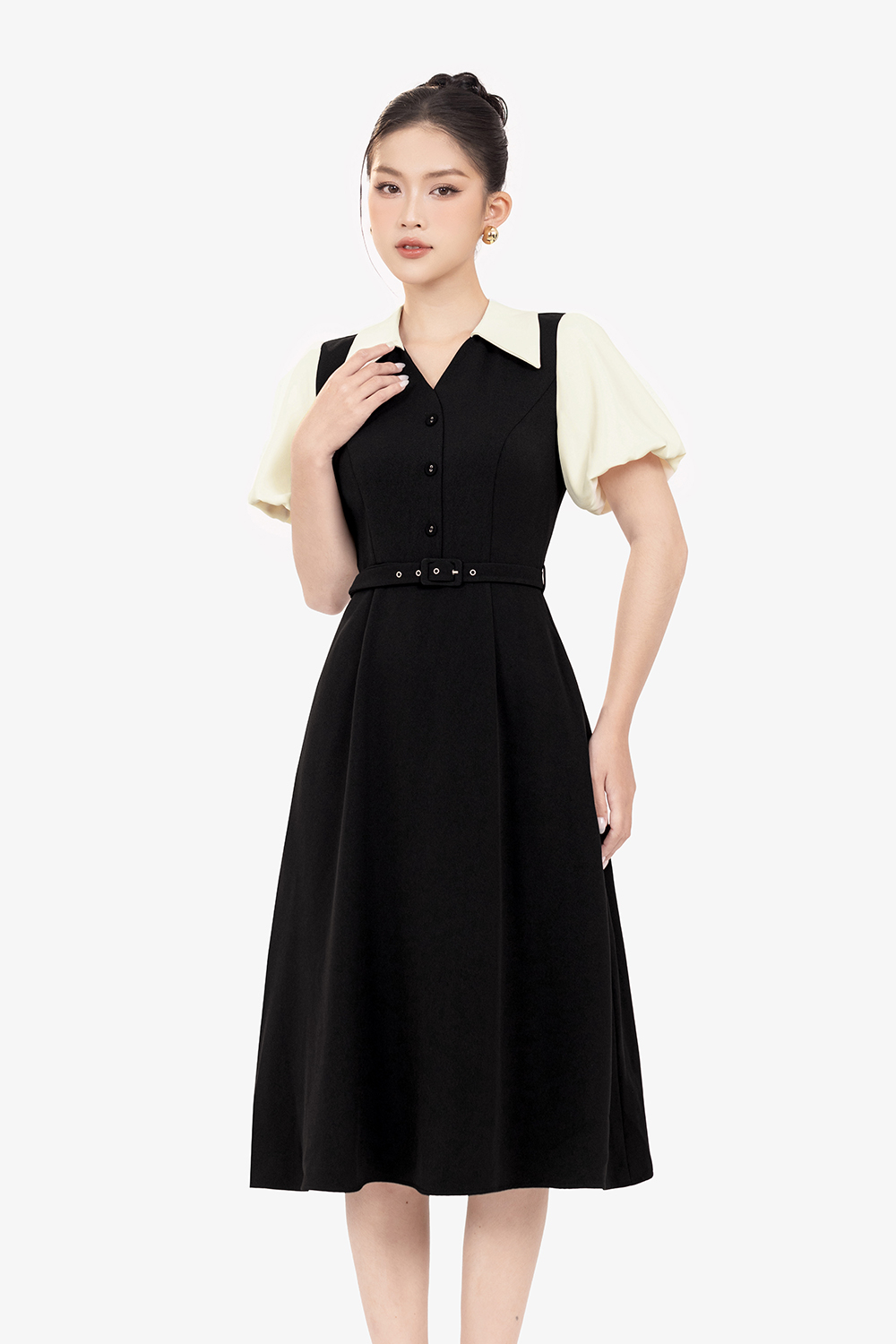 Đầm đen công sở phối màu