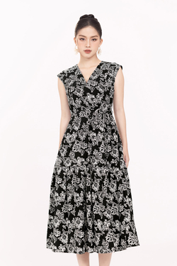 Đầm đen hoa cổ V thắt nơ eo