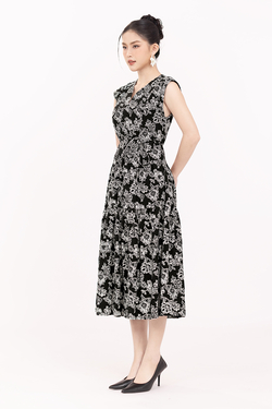 Đầm đen hoa cổ V thắt nơ eo