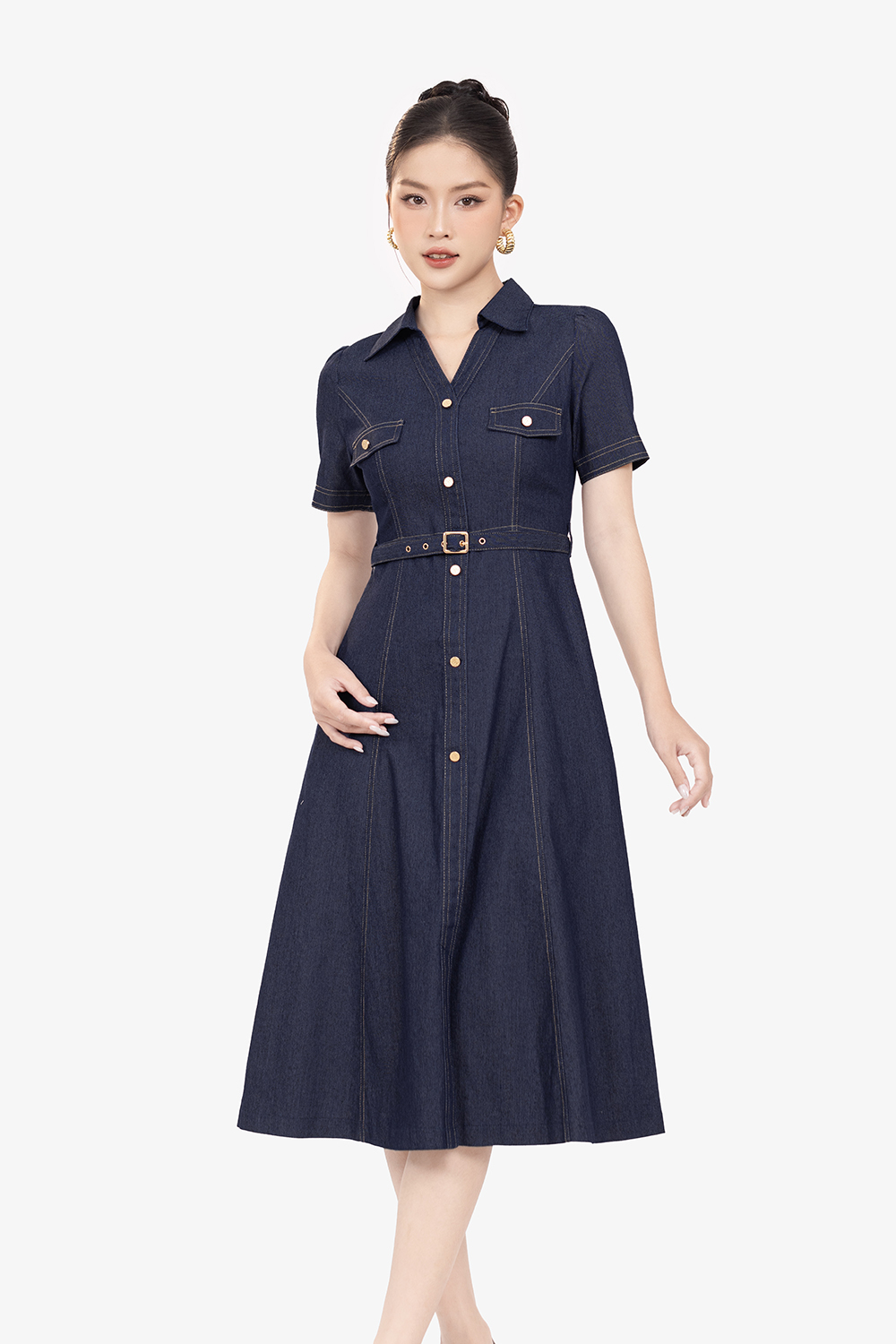 Đầm sơ mi denim dáng xòe chữ A