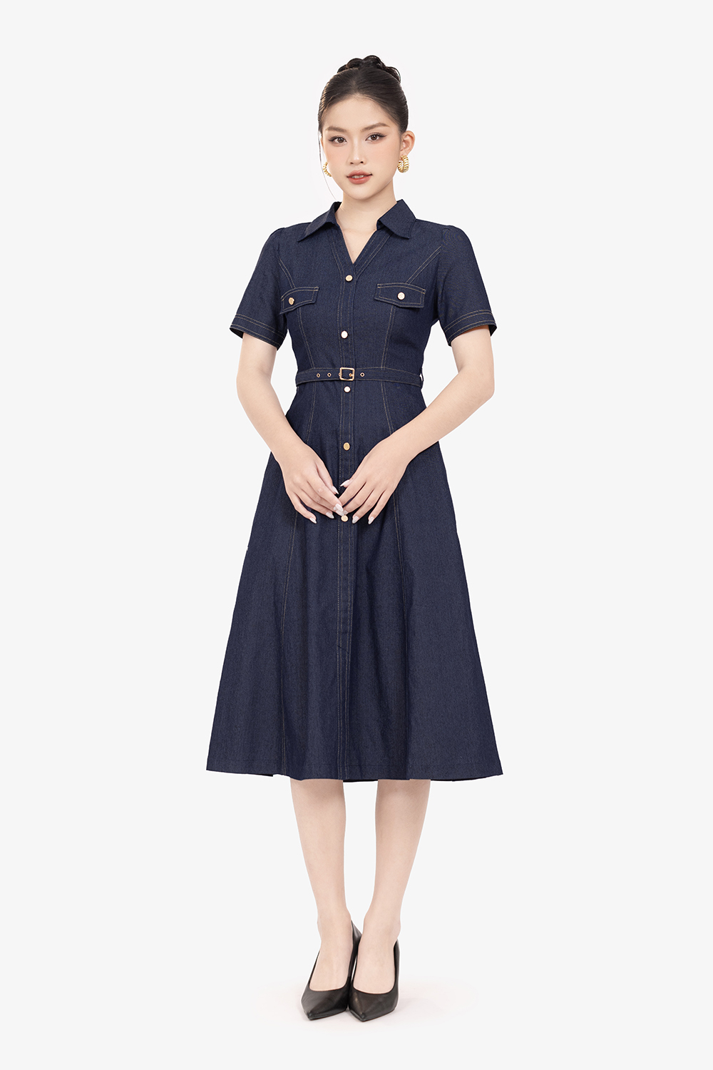 Đầm sơ mi denim dáng xòe chữ A