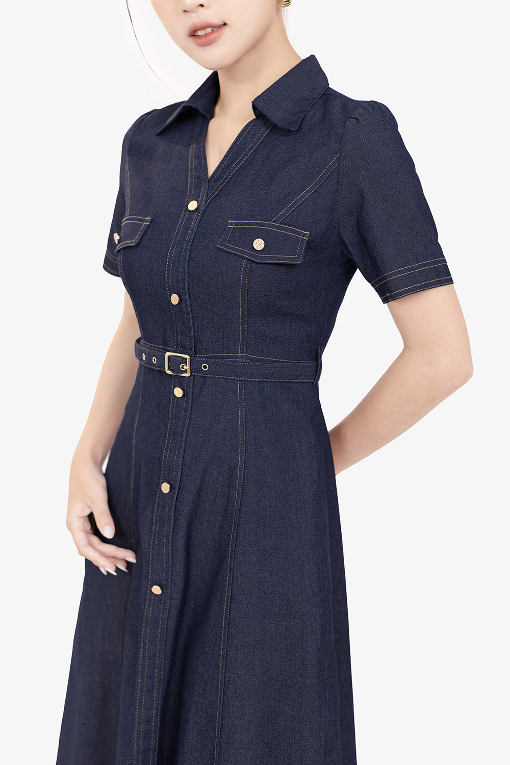 Đầm sơ mi denim dáng xòe chữ A