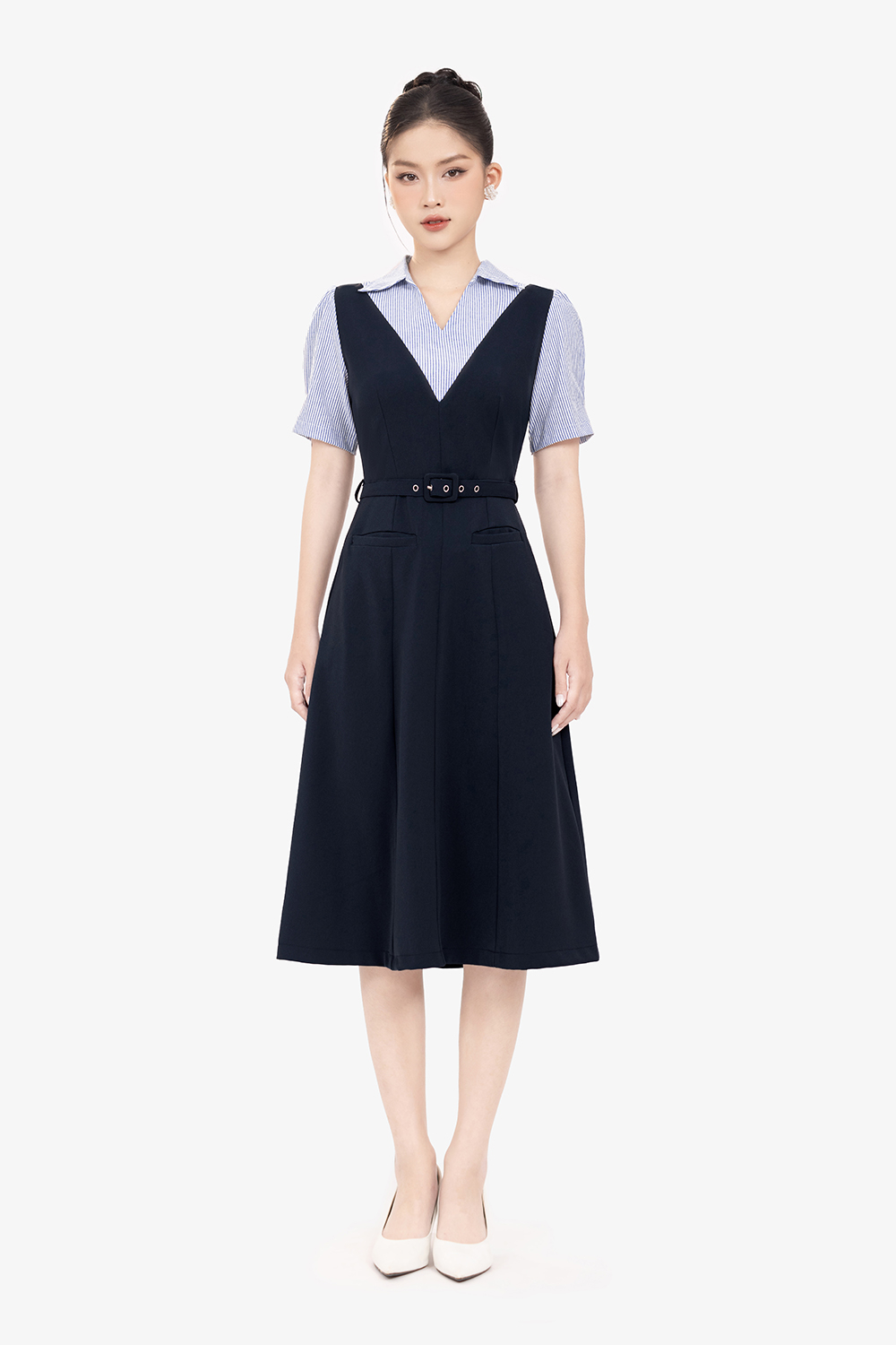 Đầm xòe công sở phối màu kèm thắt lưng