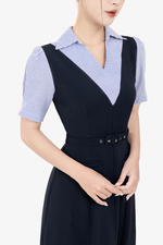 Đầm xòe công sở phối màu kèm thắt lưng