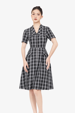 Đầm công sở caro cổ sen nhọn dáng xòe