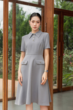 Đầm xòe công sở cổ sen phối nút