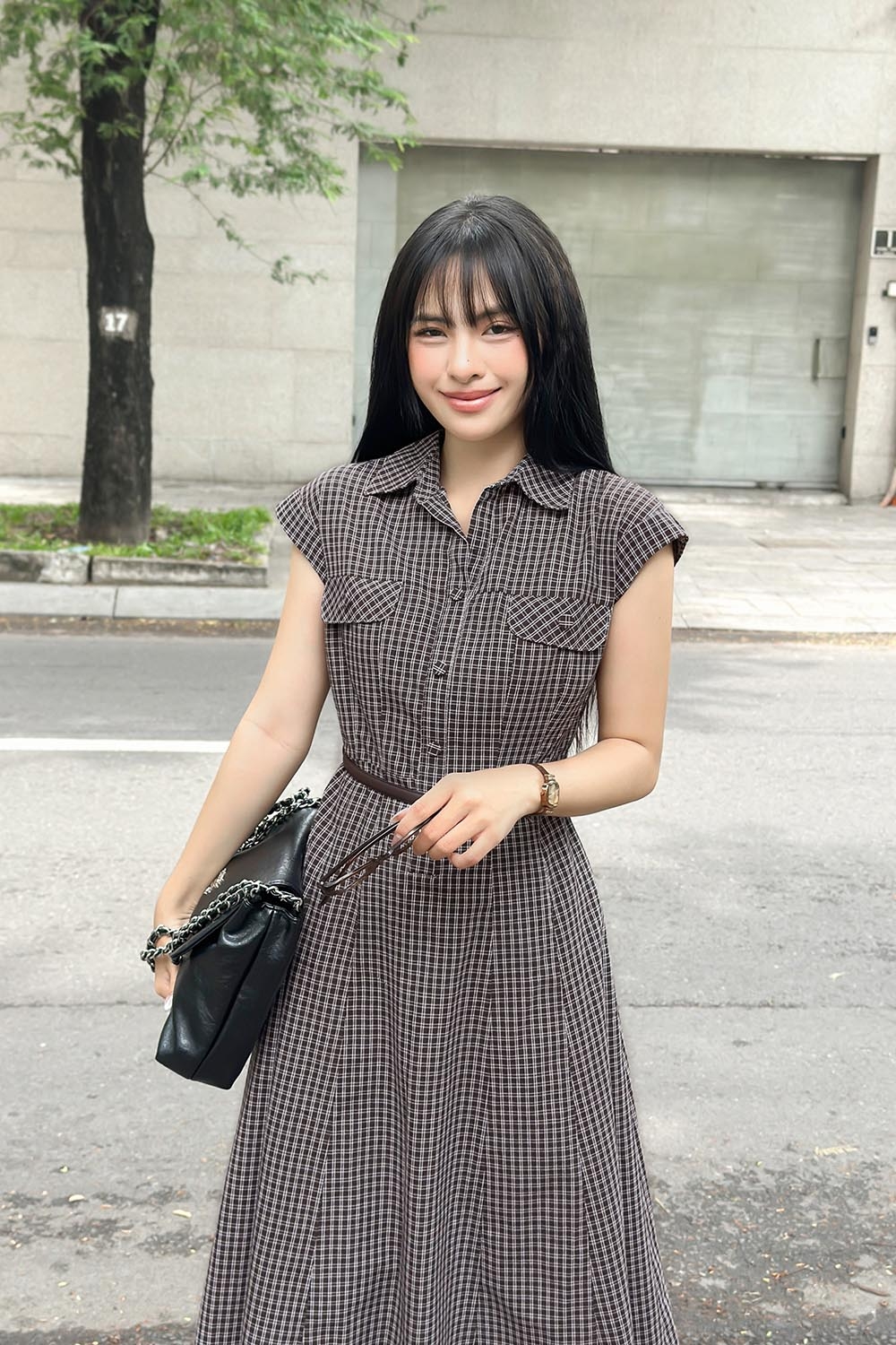 Đầm sơ mi caro nhỏ dáng chữ A