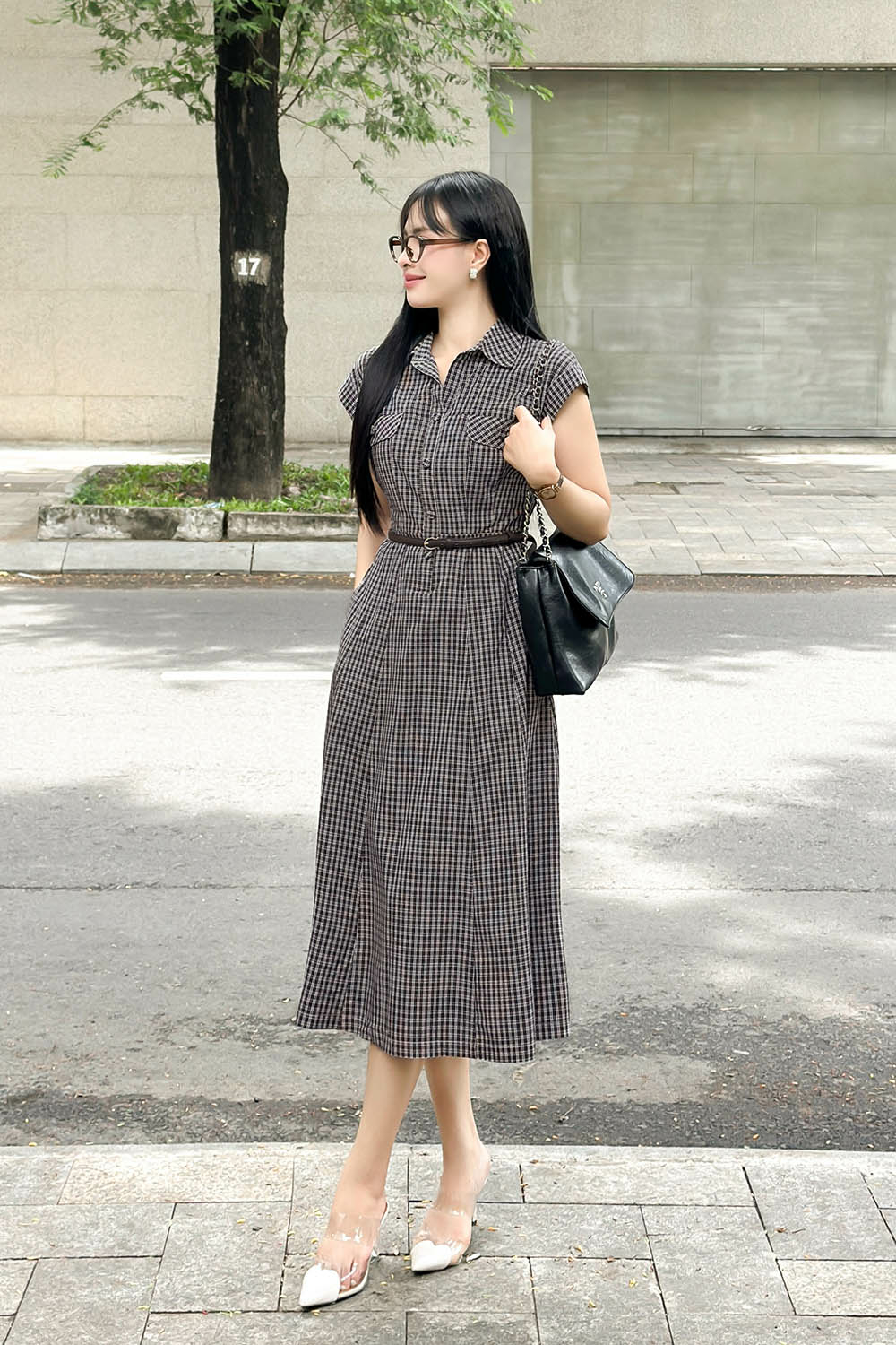 Đầm sơ mi caro nhỏ dáng chữ A