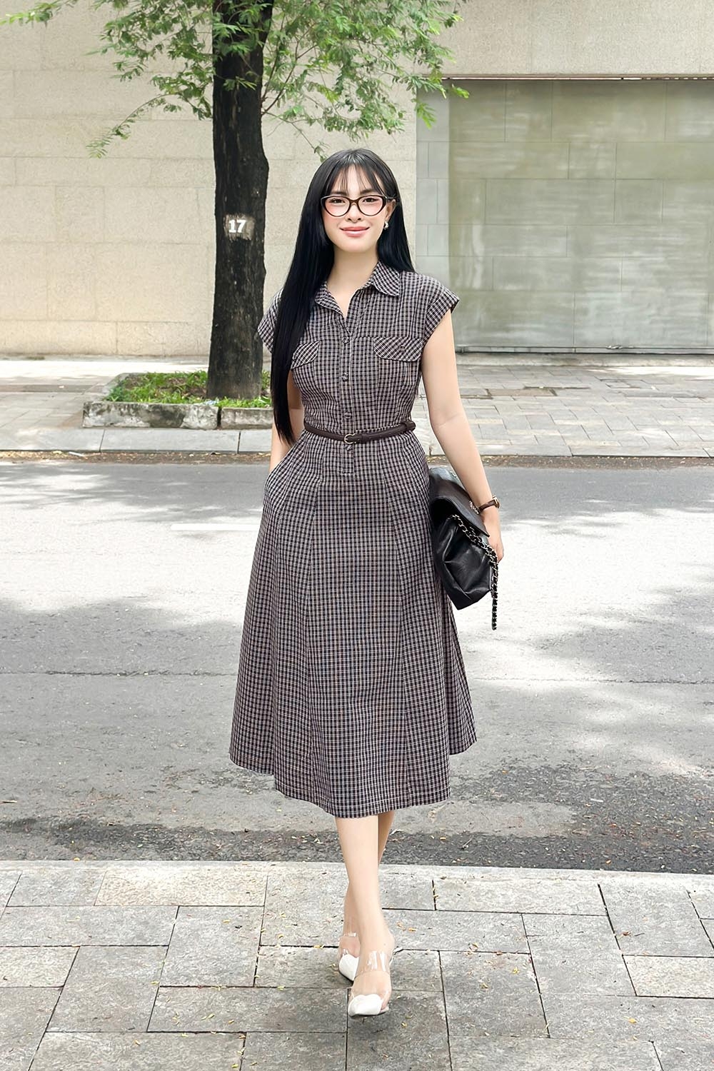 Đầm sơ mi caro nhỏ dáng chữ A