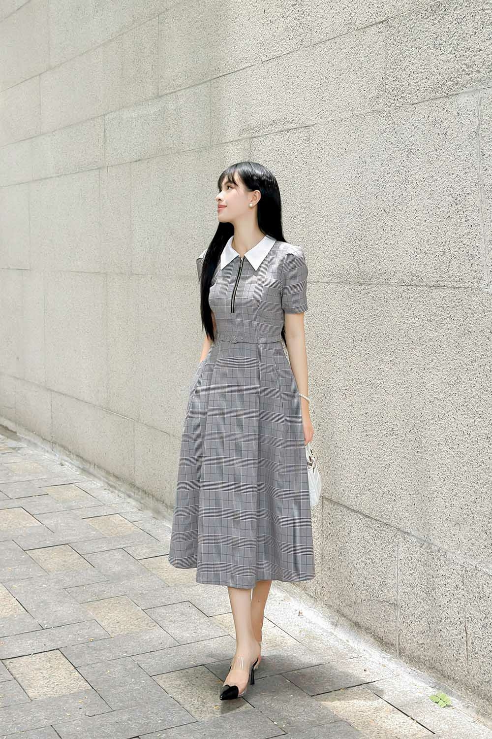 Đầm xòe họa tiết caro phối cổ sơ mi trắng KK179-16