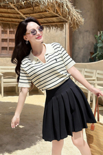 Áo len dệt kim cổ polo kẻ sọc đen